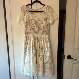 Tracy Reese Cream and Beige Patterned Fit-and-Flare Dress